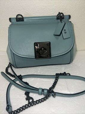 Coach Blue Leather And Suede Drifter Crossbody Bag Chain Leather Strap.